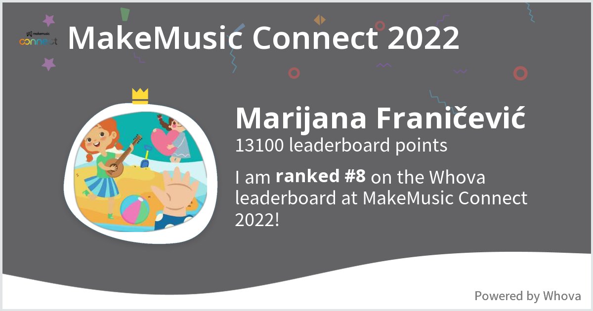 MarijanaFranic1's tweet photo. I ranked #8 on the Whova leaderboard at MakeMusic Connect 2022! #MakeMusicConnect #MakeMusicConnect22 - via #Whova event app https://t.co/bTxFUdgit3
