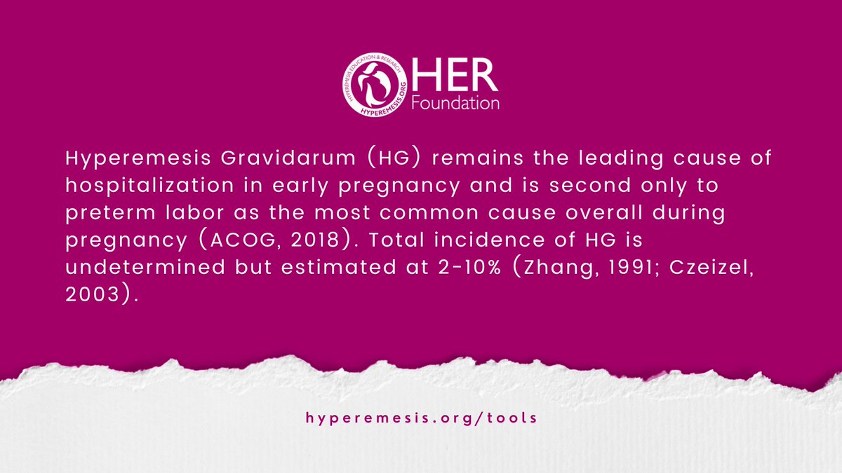 Hyperemesis Gravidarum remains the leading cause of hospitalization in early pregnancy and is second only to preterm labor as the most common cause overall during pregnancy (ACOG, 2018). Total incidence of HG is undetermined but estimated at 2-10% (Zhang, 1991; Czeizel, 2003).