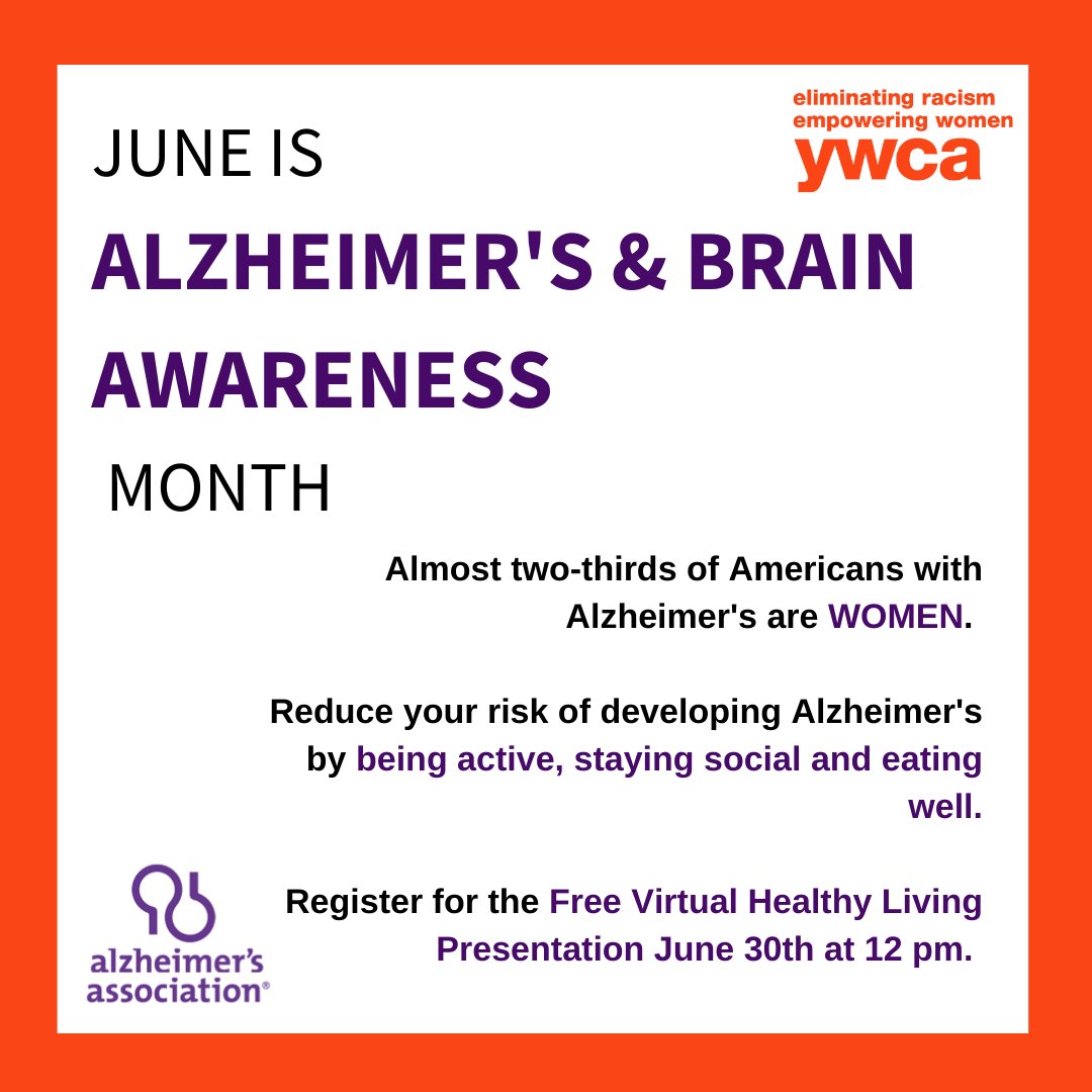 June is Alzheimer's and Brain Awareness Month.
Reduce your risk of developing Alzheimer's by staying active and social at the YWCA, join us for Walk and Talk Wednesdays, 11-12pm.
bit.ly/3HHMWtI To Register for the Healthy Living Presentation
bit.ly/3OCkyeS
