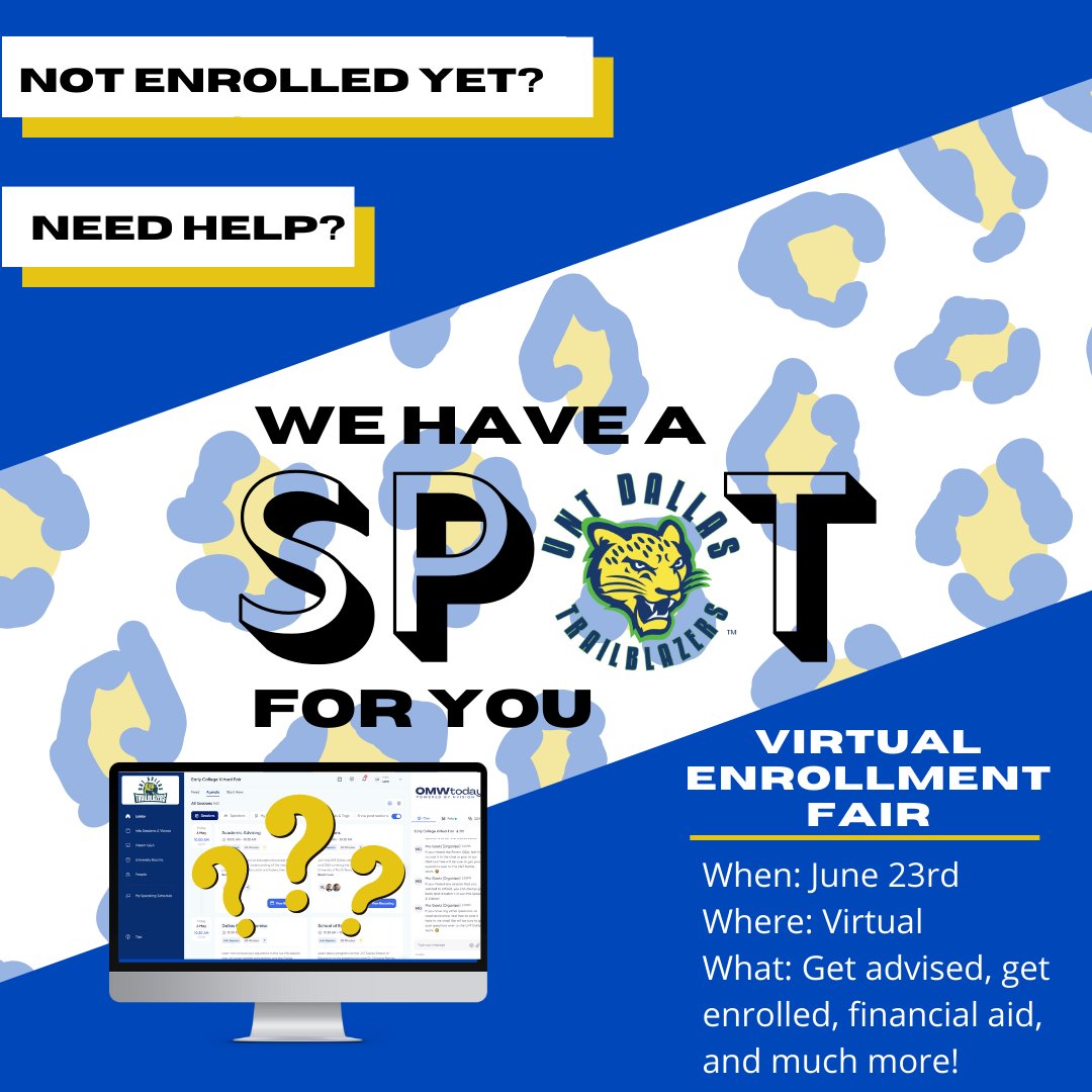 Have you enrolled in your Fall 2022 classes at UNT Dallas yet? Want to enter to win a $50 gift card? We got you! Join us for a virtual enrollment fair tomorrow (June 23rd) anytime between 2pm and 7pm. 

Register here: virtual.omwtoday.org/e/trailblazer-…

#UNTDallas #BlazeYourTrail