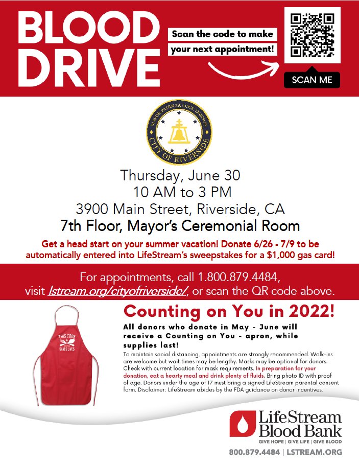 riversidecagov's tweet photo. Blood supplies are critically low throughout the U.S. @MayorLockDawson &amp; her staff want to do their part to help alleviate the crisis—and so can you! Join the Mayor on the 7th floor of City Hall on June 30th to help others by donating blood.

For more: https://t.co/9XoI1YQ9Hf https://t.co/dVNVzX88Kf