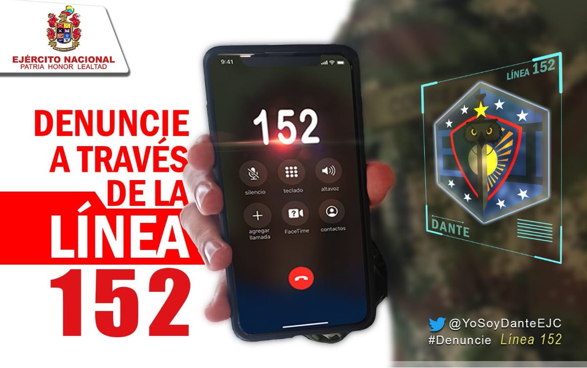 📌A través de la línea 152 del <a href="/COL_EJERCITO/">Ejército Nacional de Colombia</a>, puede denunciar las acciones que atenten contra la integridad, principios y valores de nuestra Institución. 

#EjércitoTransparente 
#FelizSábadoATodos