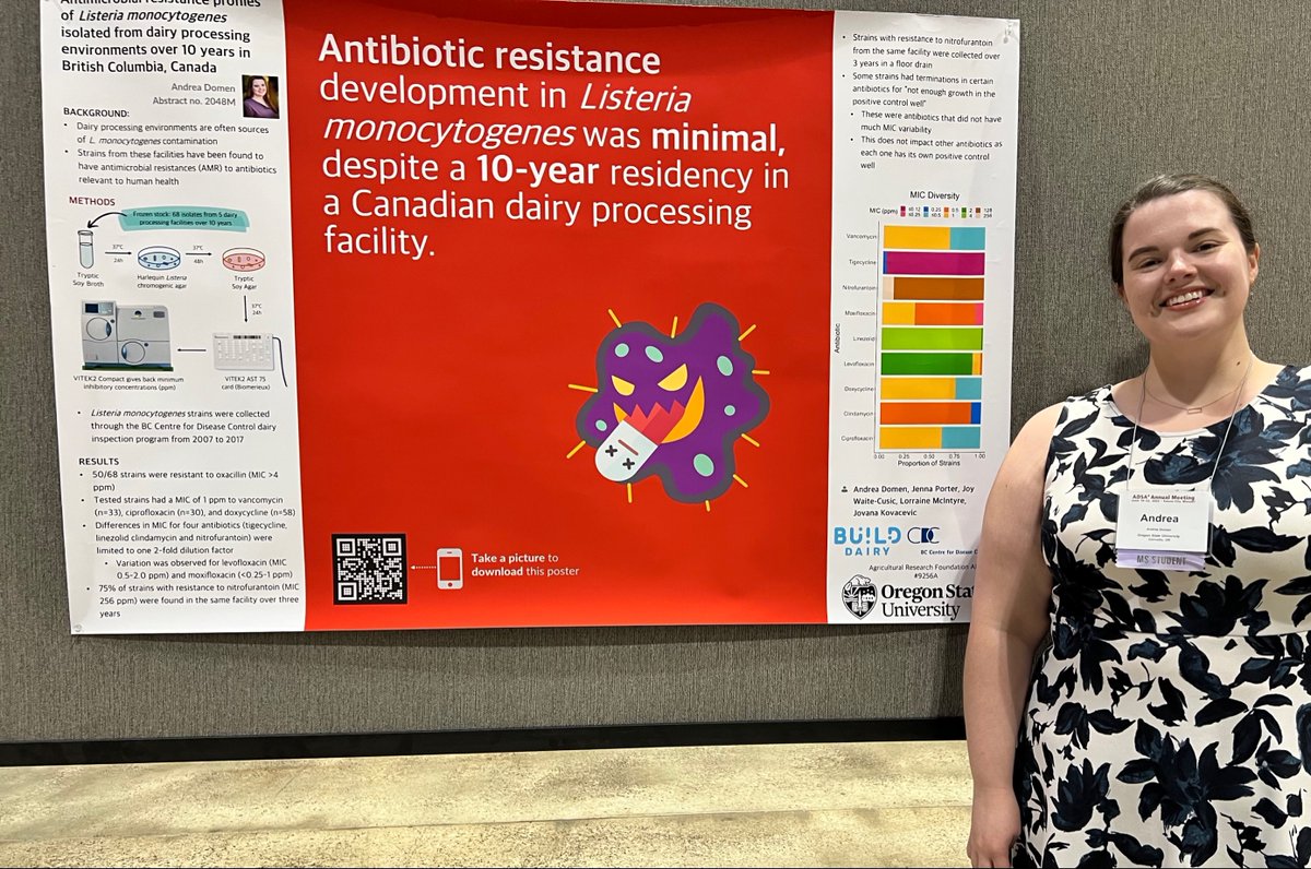 KovacevicLab's tweet photo. Graduate student Andrea Domen is in Kansas City this week for the @ADSAorg meeting! Great job representing us this week and sharing about #AMR in #Listeria monocytogenes!

#ADSA2022 #dairy #foodsafety https://t.co/OGp0dlYbrB