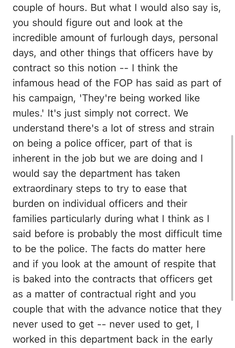 royalpratt's tweet image. Mayor Lori Lightfoot vigorously defended her administration’s handling of police officer days off, says they get notice and have “incredible amount” of furlough days and other time off. Disputes that they’re being “worked like mules,” comment she attributed to @FOP7Chicago prez