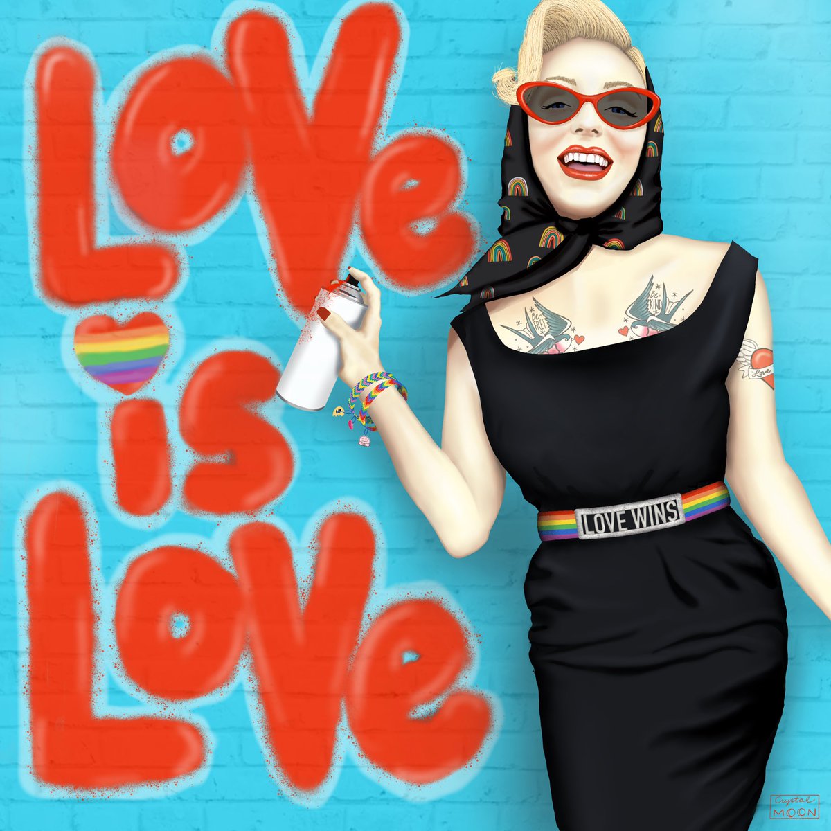 Finally finished “Love is Love”, my entry for <a href="/PowerOfWomenNFT/">PowerOfWomenNFT</a> x @thehugxyz #POWPride art challenge.  

She is expressing herself through graffiti.  Be who you want, love who you want….love is love.❤️   

(And fun detail…she is wearing @thehugxyz and <a href="/MyBFF/">BFF 🌈</a> bracelets 🤗👯‍♀️🌈)