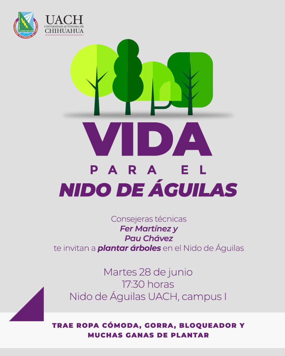 Invita UACH a reforestar el Nido de Águilas. 

Fer Martínez y Pau Chávez, Consejeras Técnicas de la Facultad de Derecho, invitan a la Comunidad Universitaria a formar parte de ésta actividad para juntos, mejorar nuestros espacios recreativas. 🤩 

#OrgulloDeSerUACH