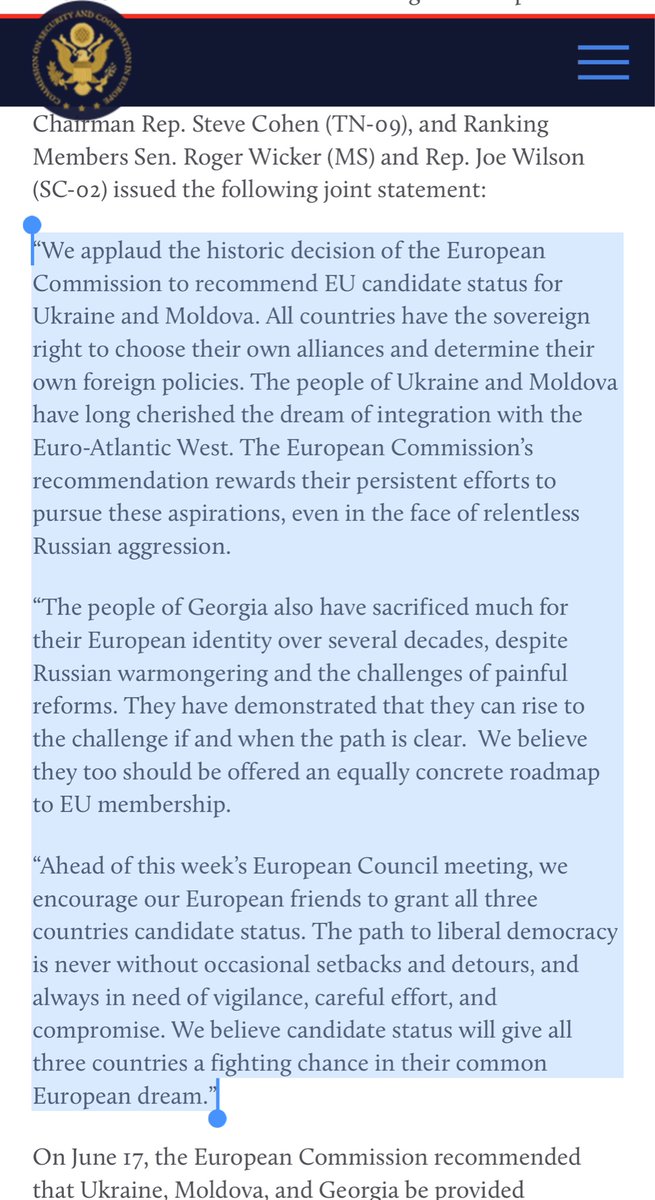 Important and timely statement from @HelsinkiComm leadership calling on the European Council to grant candidate status to ALL of Ukraine, Moldova, as well as Georgia. Nothing else adequately meets the moment.

Full statement: https://t.co/7nb0tvIA0g https://t.co/SaSLINvuFt