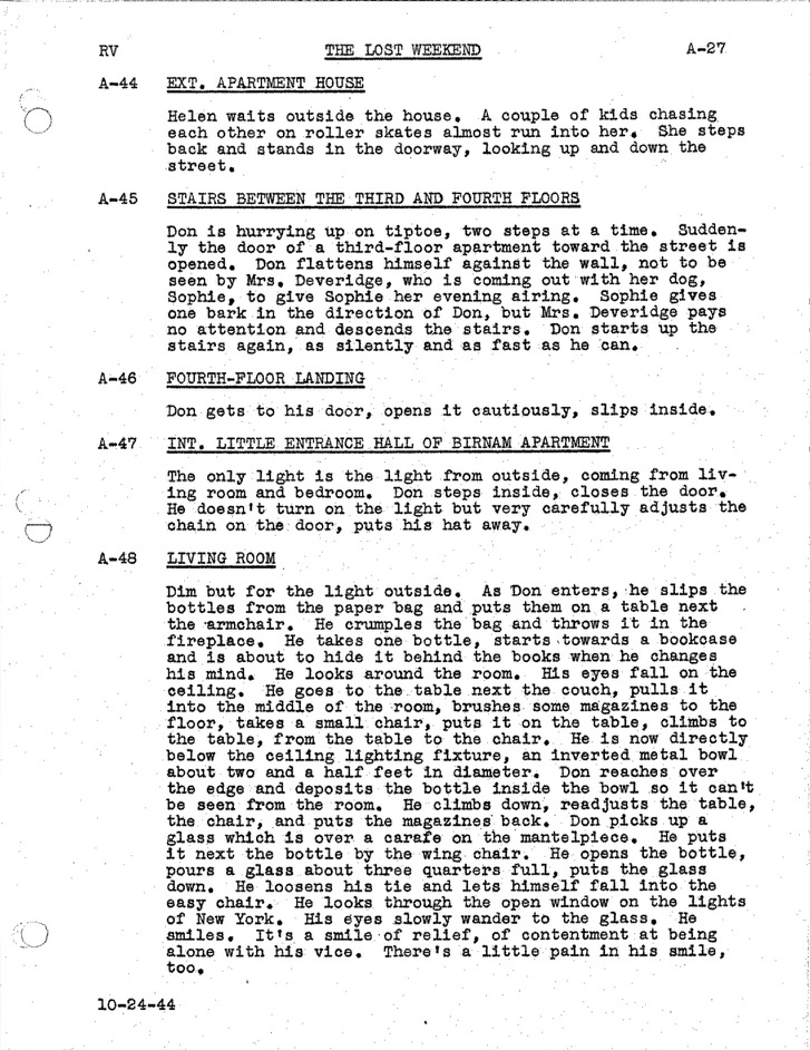 One_PerfectPage's tweet image. The Lost Weekend (1945) By Charles Brackett &amp;amp; Billy Wilder

Draft dated 10/24/44, Page A-27