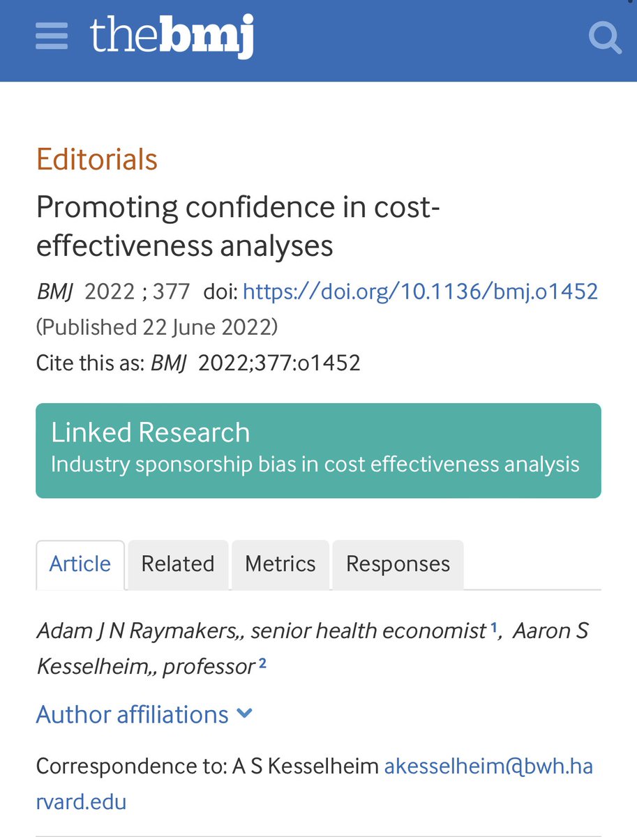 Excited to see an editorial authored by myself &amp; <a href="/akesselheim/">Aaron Kesselheim</a> published in <a href="/bmj_latest/">The BMJ</a>!

We discuss the implications of an important paper by <a href="/FengtasticXie/">Feng Xie</a> &amp; Zhou on industry bias in cost-effectiveness analyses.

Editorial: bmj.com/content/377/bm…
Paper: bmj.com/content/377/bm…