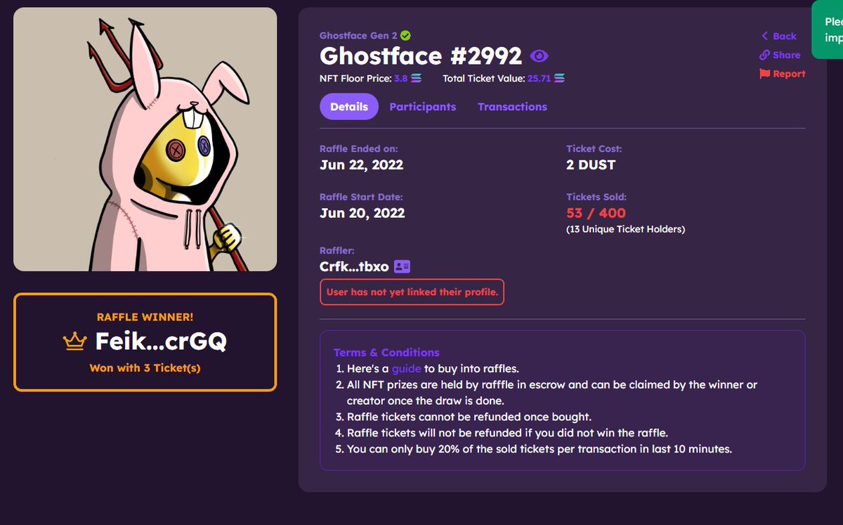 Raffle is finished! Congrats to the new owner.. I hope you don't sell :)) 

As promised half of the DUST has been allocated back into the <a href="/GhostfaceNFT/">GHOSTFACEKILLA</a> DUST treasury. 

solscan.io/tx/4y3cGnShs9K…