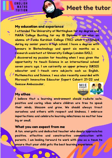 Indienationfest's tweet photo. A) Nama: 
Ms Dinie Home Tutor

B) Lokasi: 
Putrajaya, Cyberjaya &amp; Puchong

C) Jenis Servis: 
Personal Tutor

D) Cara untuk dihubungi:
https://t.co/f1KhU9k1OL 

E) Info tambahan:
Syllabus offered are:
-Primary English and Maths:  KSSR &amp; Cambridge Primary
-Secondary English : KSSM https://t.co/24qCJg0BIP