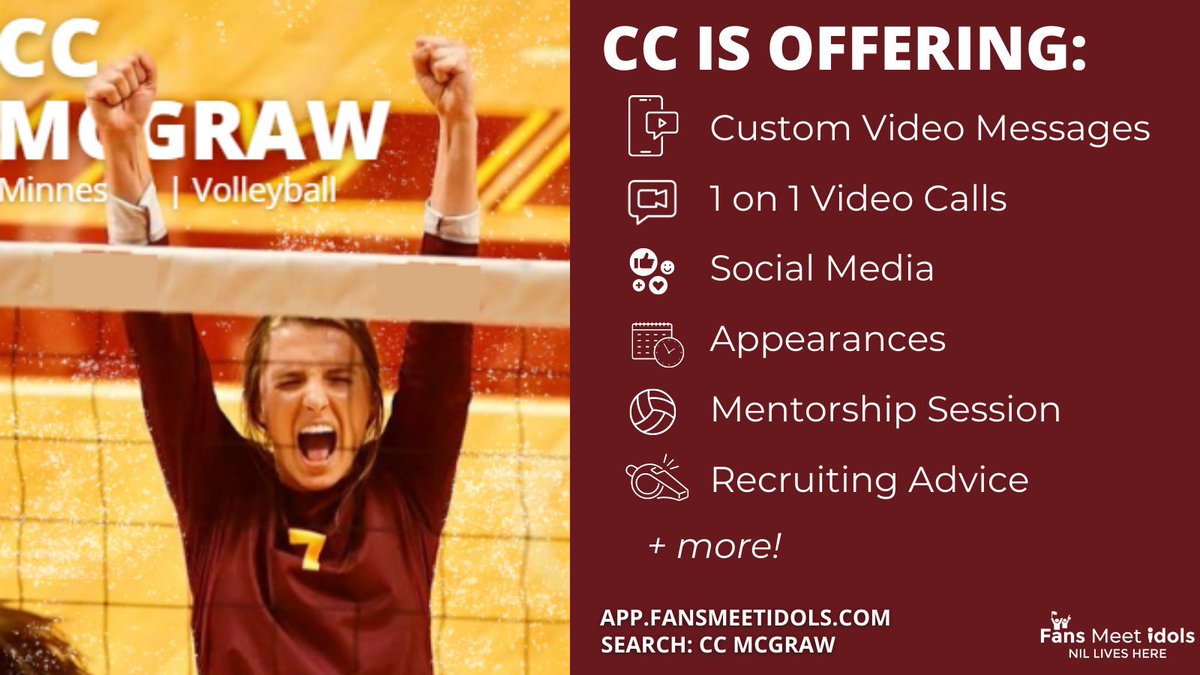 Welcome CC McGraw @cc_mcgraw, libero for Minnesota volleyball, to the @FansMeetIdols Family!

Shop 🛒 her Storefront at app.fansmeetidols.com/#/storefront/c…

#Minnesota #Volleyball #CollegeVolleyball #NCAAVolleyball #MinnesotaVolleyball #CollegeAthlete #StudentAthlete #FansMeetIdols