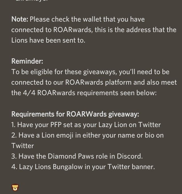 Did you know Roarwards were changed based on community feedback. Now the 2% ETH royalties go towards buying lions each month and they are raffled to those that qualify for ROARwards. (Need 4/4 requirements) 17 lions the first month, 23 next month👀 <a href="/lazylionsnft/">Lazy Lions 👑</a> #ROAR #LazyLions