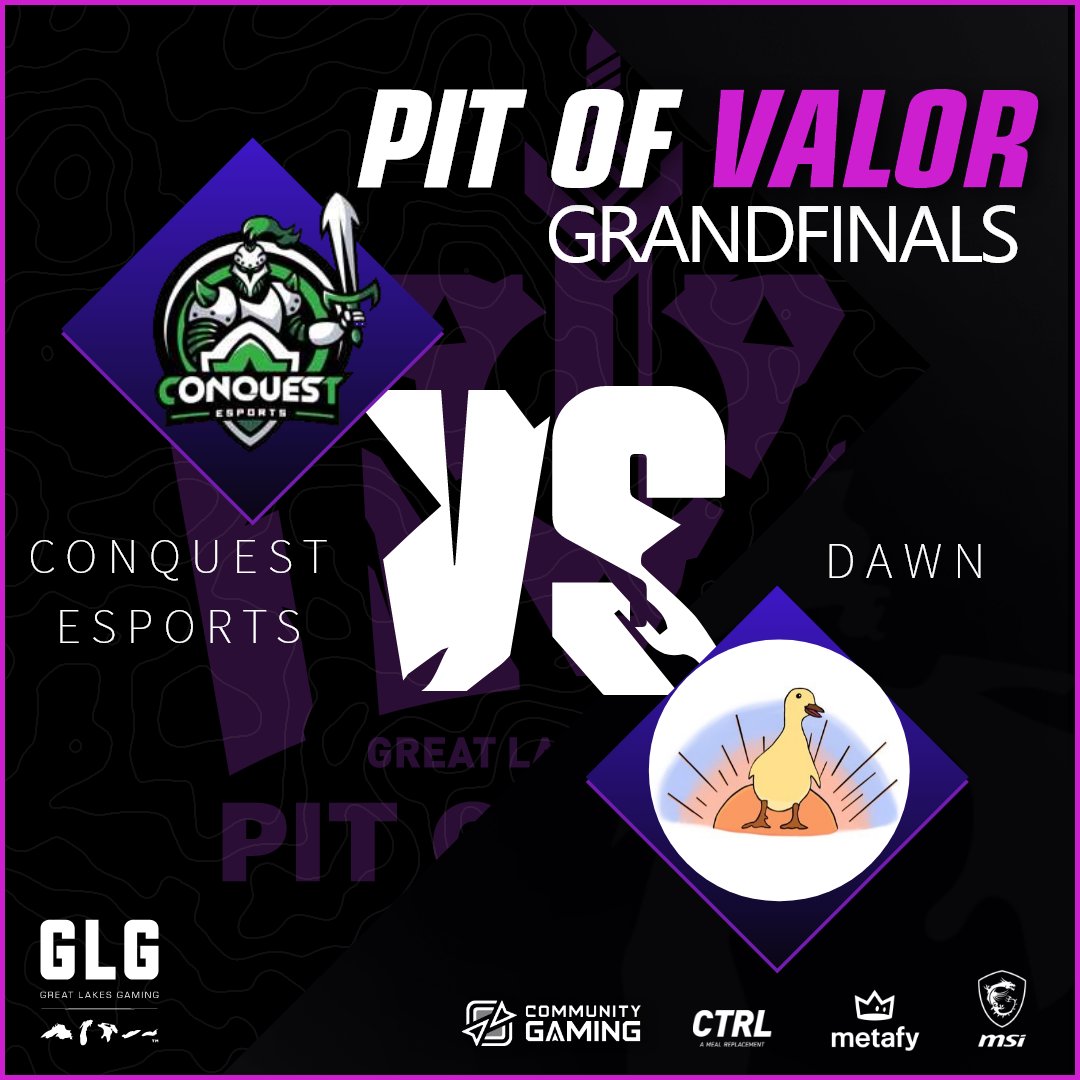 GLGamingLounges's tweet photo. 👑GRAND FINALS👑

⚔️@EsportsConquest VS @DawNValorant⚔️

Both of these teams are looking HOT 🔥🔥🔥

Dawn is looking to take back-to-back Pit of Valor Championships, while Conquest is looking for their first trophy 🏆 https://t.co/4zSesds9iU