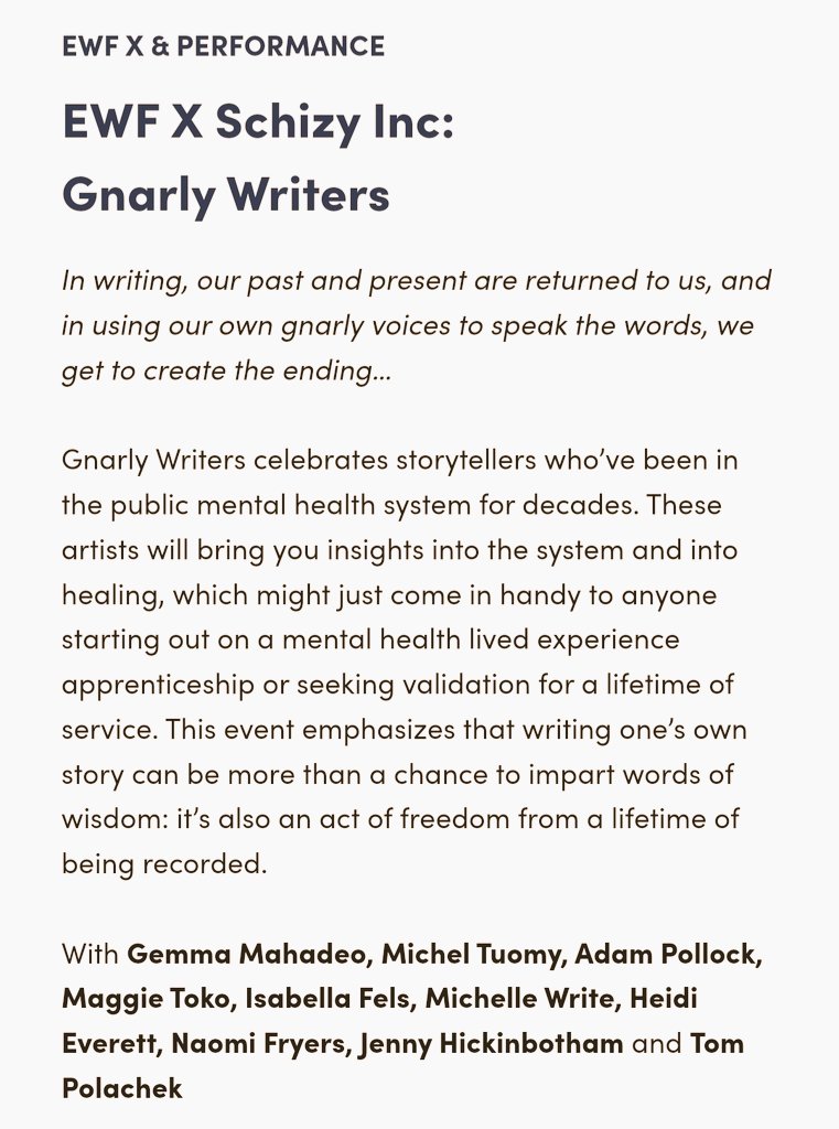 DisabledQBIPOC's tweet photo. '#EWF x Schinzy Inc Gnarly #Writers'
 and our founding member @snarkattack is part of TONIGHT's   @EmergingWriters performance❣
#EWF22
#MentalHealthMatters
https://t.co/RijoWYjZNH https://t.co/nbdThGQdNp