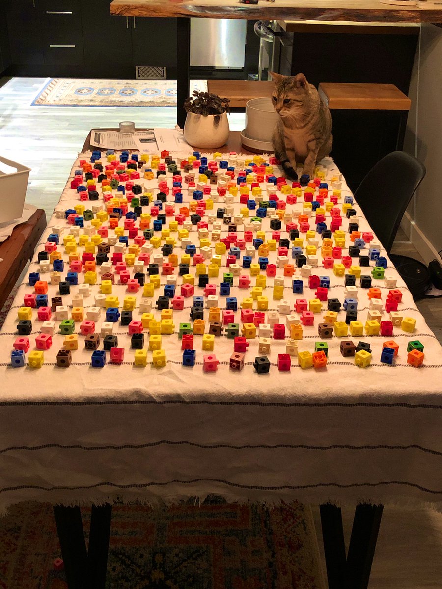 MissAliZim's tweet photo. This is Millie - my 10.5 year old Savannah cat.
She LOVES helping me clean and sanitize math manipulatives.
How many snap cubes will be on the table by tomorrow morning? How many will be on the floor?
#math #mathphoto #mathchat https://t.co/iUkj6GkmyI