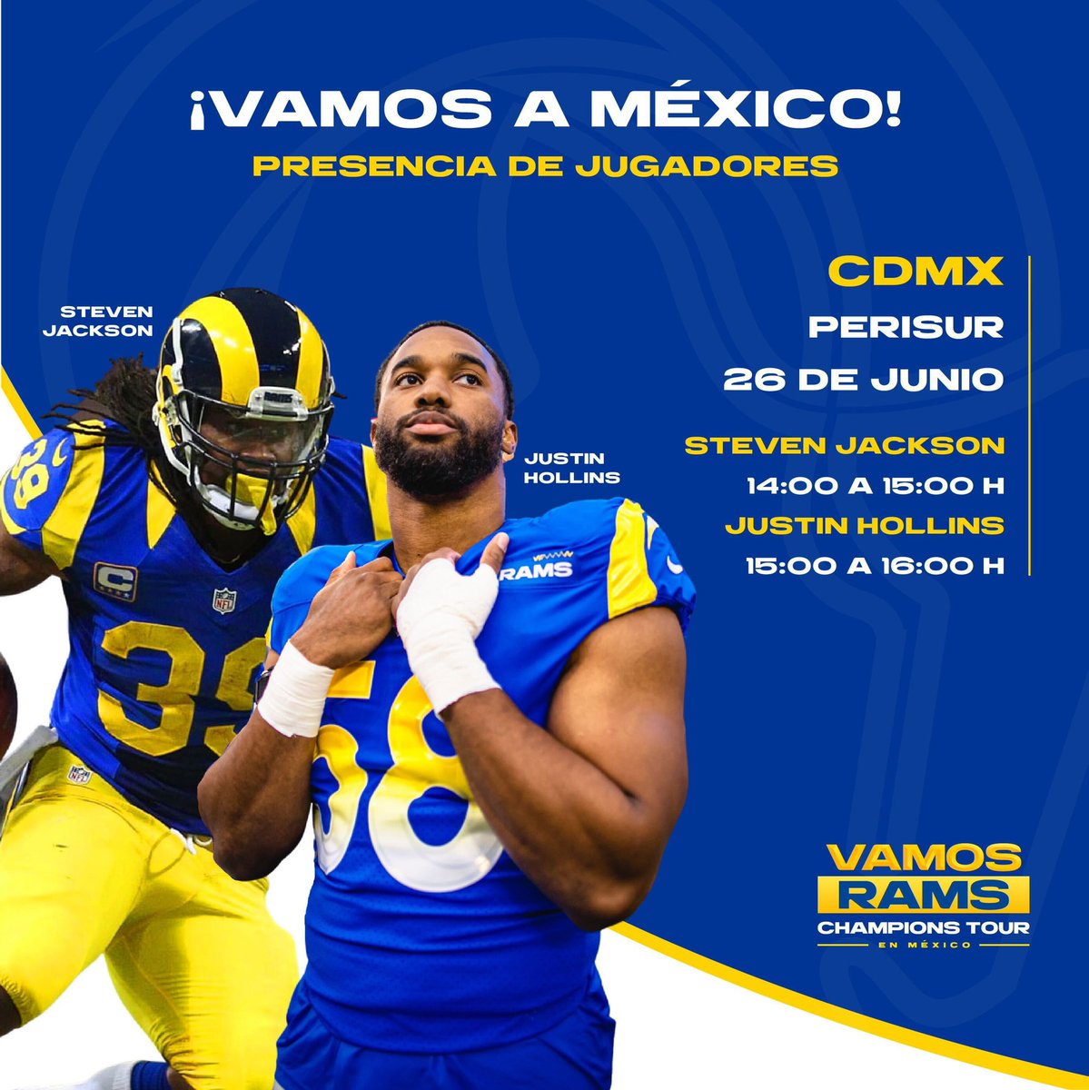 ParrillerasMx's tweet photo. La gira del #VinceLombardi de los @RamsNFL cuenta con la presencia del ex corredor #StevenJackson y el LB #JustinHollins quienes compartirán momentos con la #Ramily que asistirá a CDMX, Guadalajara y Los Cabos.
@RampageNFL y las @LARamsCheer leaders animarán el evento 🙌 https://t.co/3E5XW6PBMx