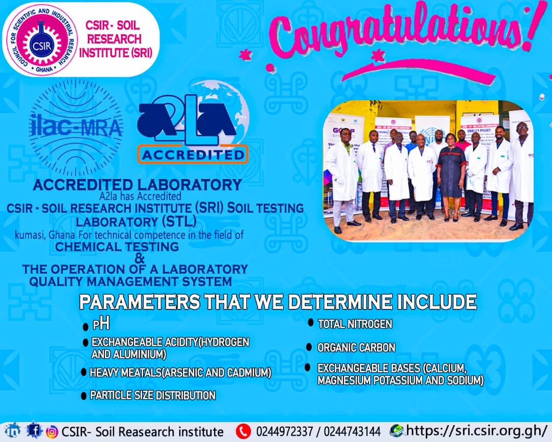 CSIRSRI's tweet photo. CONGRATULATIONS.......CSIR-Soil Research Institute SOIL TESTING LABORATORY FOR A2la ACCREDITATION
#soil #soilscience #soilhealth #soilLAb #accreditation #research https://t.co/cRuxDy4Yl0