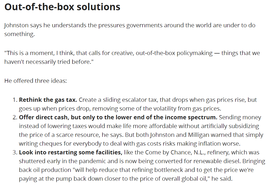 Hey, folks, have you heard that gas tax holidays are SUPER in right now?

CBC asked me if I liked the idea (NOPE) and then asked what I'd do instead of simply axing the excise tax—my answers to which they put together in this handy list below.

Full piece: cbc.ca/news/business/…