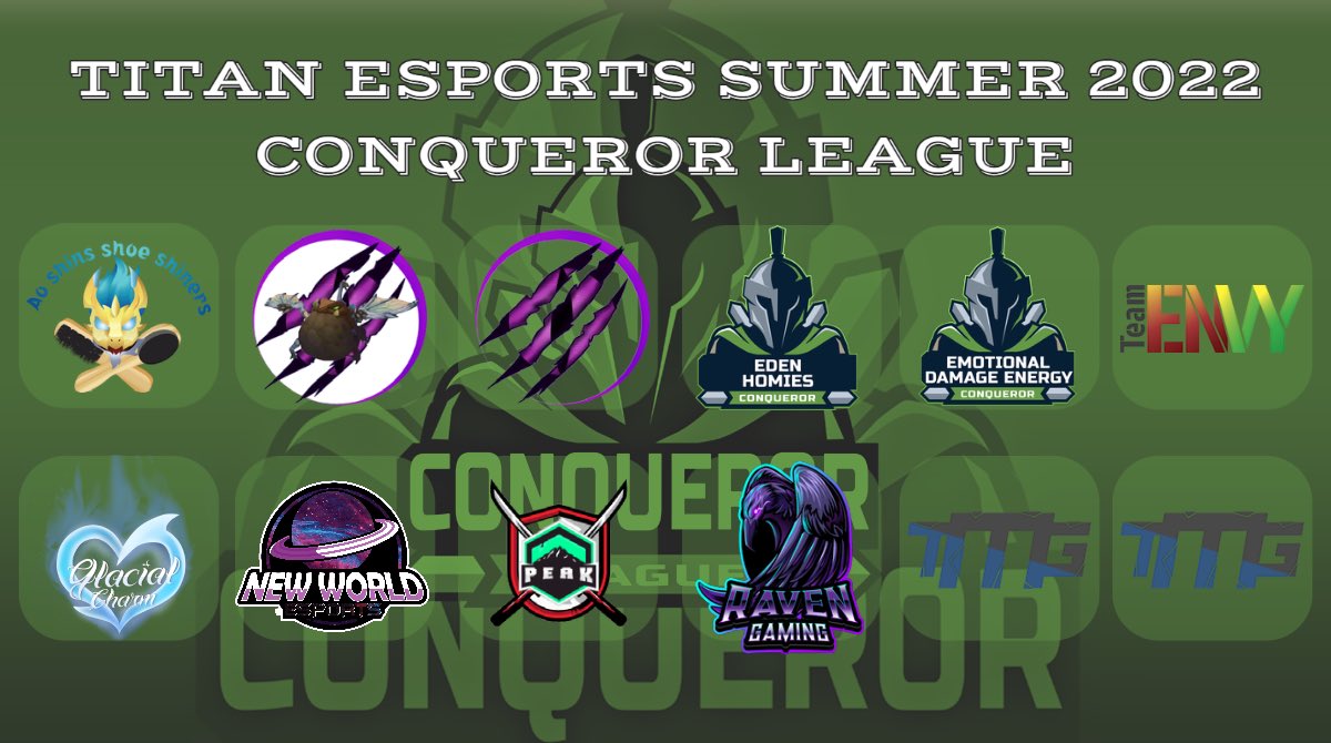 Titan Esports (@titanesportsna) on Twitter photo Here are the teams for our D4 capped Summer Conqueror League!
Ao Shin’s Shoe Shiners
@DragonClaw_Org Cloudipus
@DragonClaw_Org Cloud
Eden Homies
Emotional Damage Energy
EnvyUS
<a href="/GlacialGlobals/">Glacial Global ❄</a> Charm
<a href="/NWEsportslol/">New World Esports</a>
Peak Slayers
Raven Gaming Obsidian
<a href="/tmgorg/">True Minded Gaming</a>
<a href="/tmgorg/">True Minded Gaming</a> Academy Here are the teams for our D4 capped Summer Conqueror League!
Ao Shin’s Shoe Shiners
@DragonClaw_Org Cloudipus
@DragonClaw_Org Cloud
Eden Homies
Emotional Damage Energy
EnvyUS
<a href="/GlacialGlobals/">Glacial Global ❄</a> Charm
<a href="/NWEsportslol/">New World Esports</a>
Peak Slayers
Raven Gaming Obsidian
<a href="/tmgorg/">True Minded Gaming</a>
<a href="/tmgorg/">True Minded Gaming</a> Academy