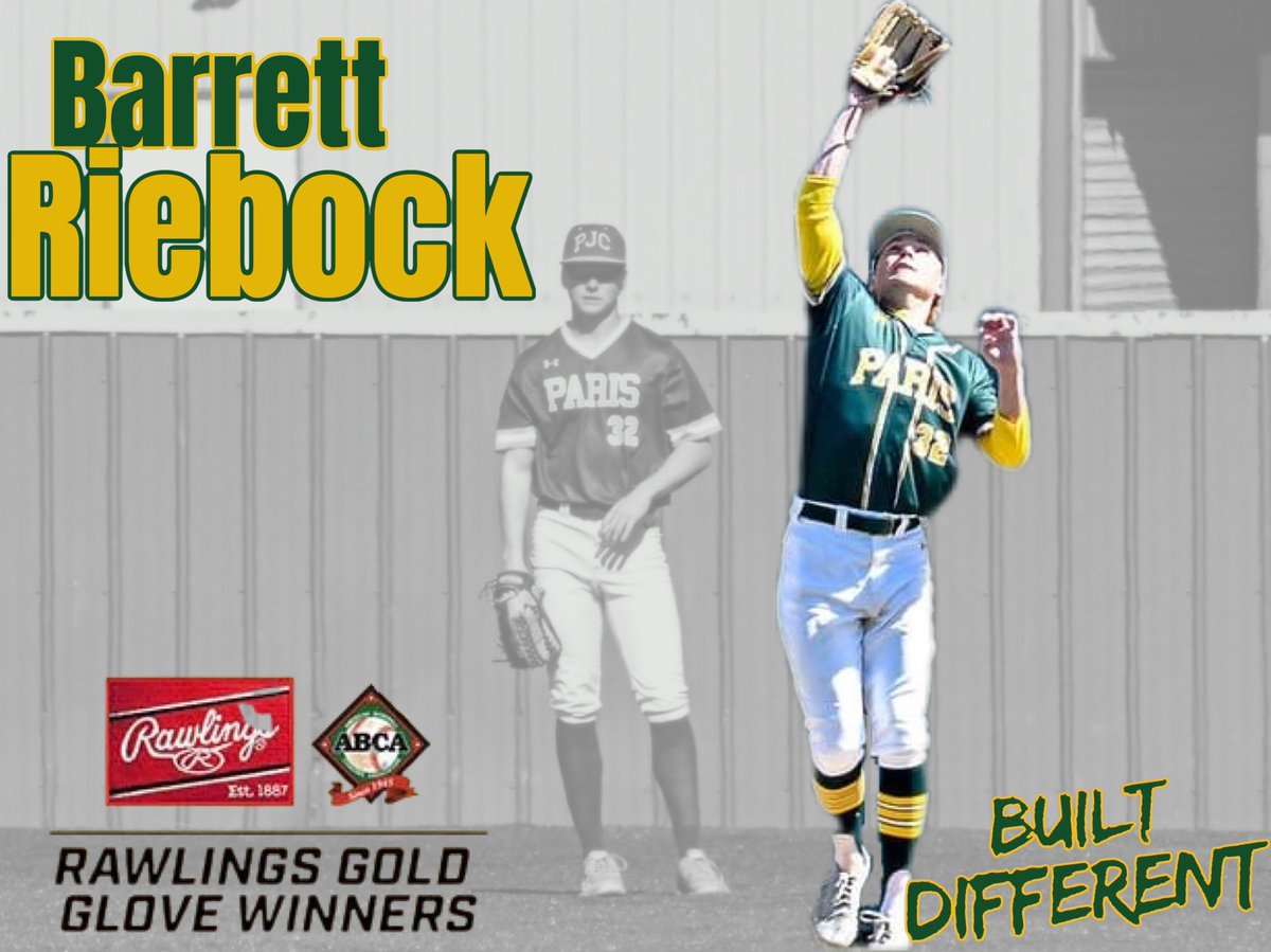 PJCBaseball's tweet photo. Congratulations to Dragon CF @BarrettRiebock on his selection as an @ABCA1945/@RawlingsSports Gold Glove Winner! An absolute 🔒 down defender who went 130/130 this spring! This is just the beginning! 
#PJCbaseball #BuiltDifferent #NoFlyZone https://t.co/AId1HRdYgE