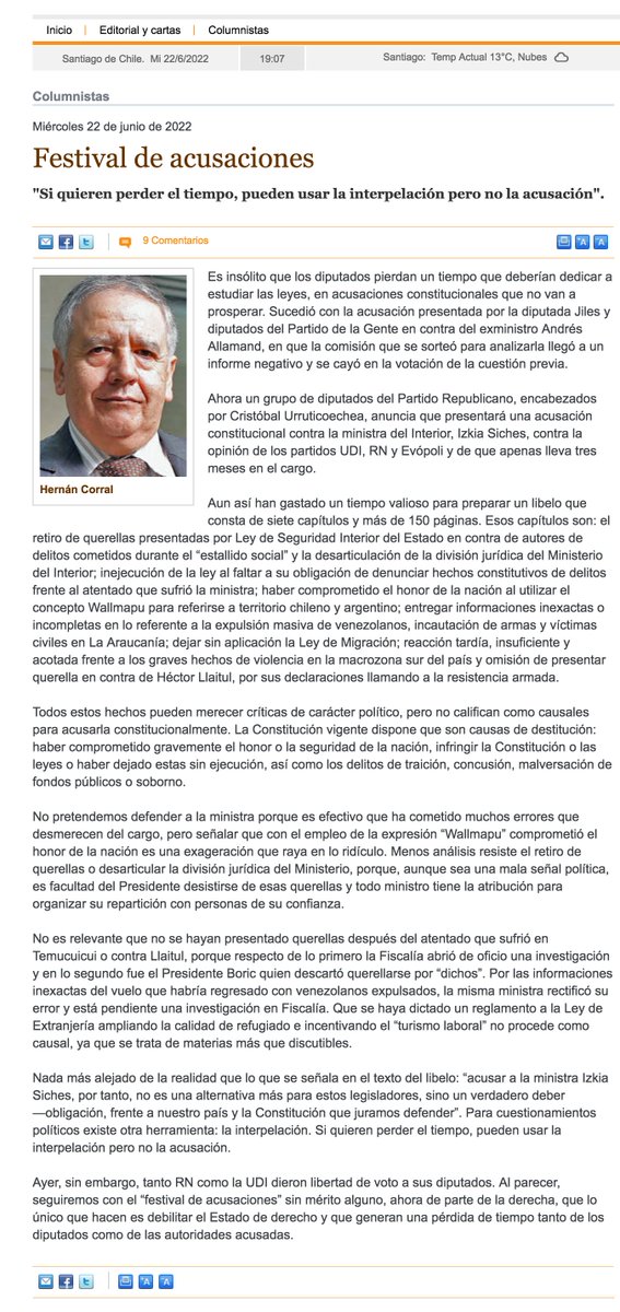 hcorralt's tweet image. Para los que no tienen suscripción, dejo columna sobre el retorno del festival de acusaciones. No pretendo defender a la Ministra Siches, pero sus errores no pueden considerarse causales de destitución: