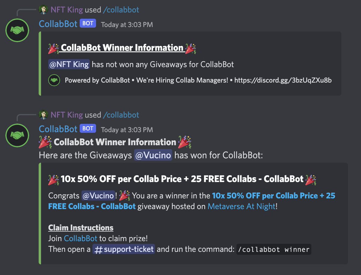 thecollabbot's tweet photo. No more screen shot verifications! The CollabBot can tell you if they are a winner and what they won with a simple command! #collabs #Giveaways #DiscordServer #Collab #collaboration https://t.co/BDkaydiKl8
