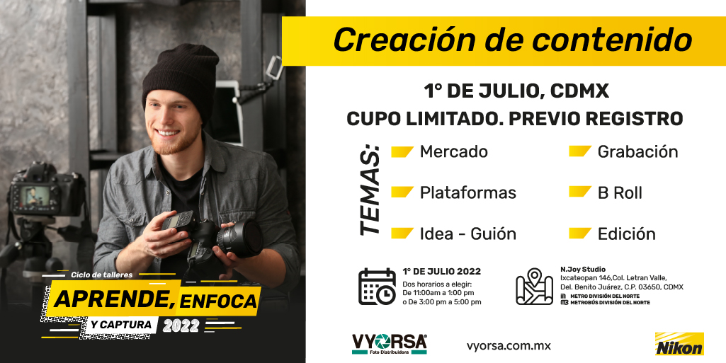 NikonMX's tweet photo. Participa en el taller Creación de Contenido, es un taller práctico gratuito, la cita es el próximo 1 de julio, cupo limitado📸💛 @Vyorsa , aparta tu lugar en el siguiente link: https://t.co/mW3FI3HHAJ https://t.co/BRR6503x4z