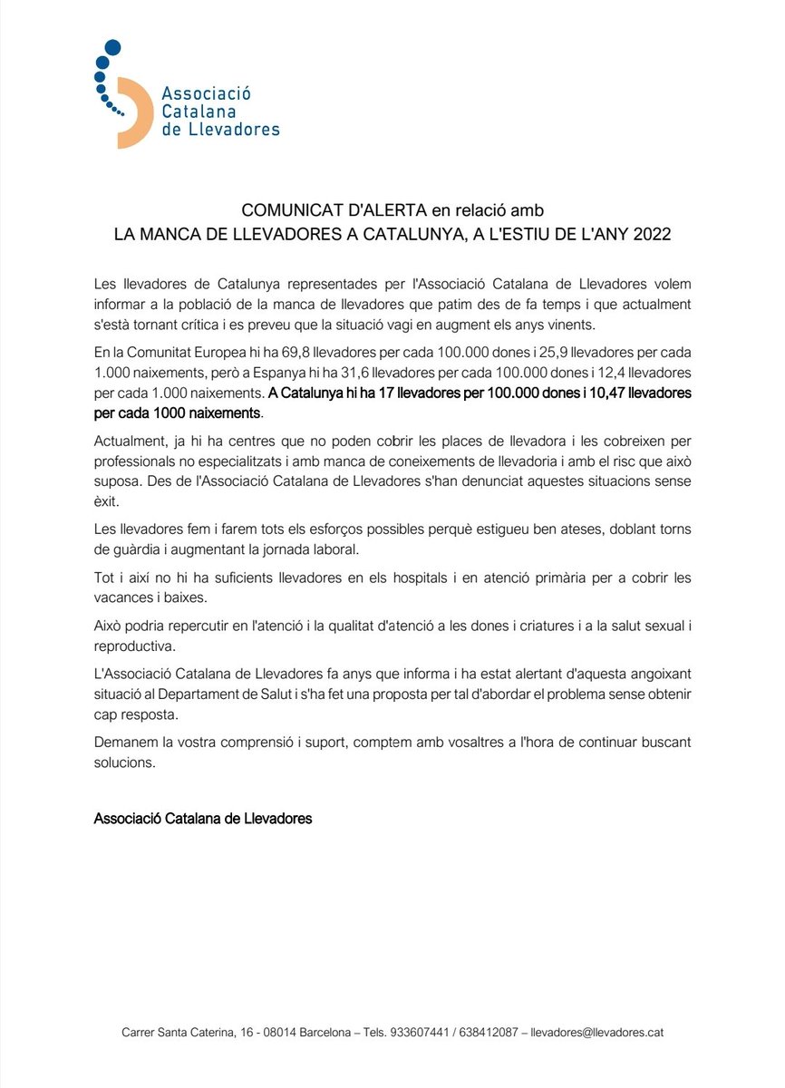 Us informem que davant la situació crítica per la manca de llevadores, des de l’Associació Catalana de #Llevadores hem preparat un comunicat de premsa per fer arribar als mitjans de comunicació.

#salut #dona #onetoone #faltenllevadores