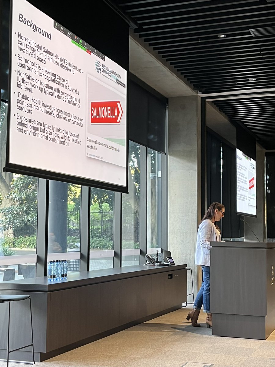 AusPathoGen's tweet photo. First up @AmyVJennison sets the scene on the impact of Salmonella nationally, followed by rapid fire presentations from our Salmonella working group #APGSymposium @CDGN_Australia @qldhealth https://t.co/pxigF4Z6bn