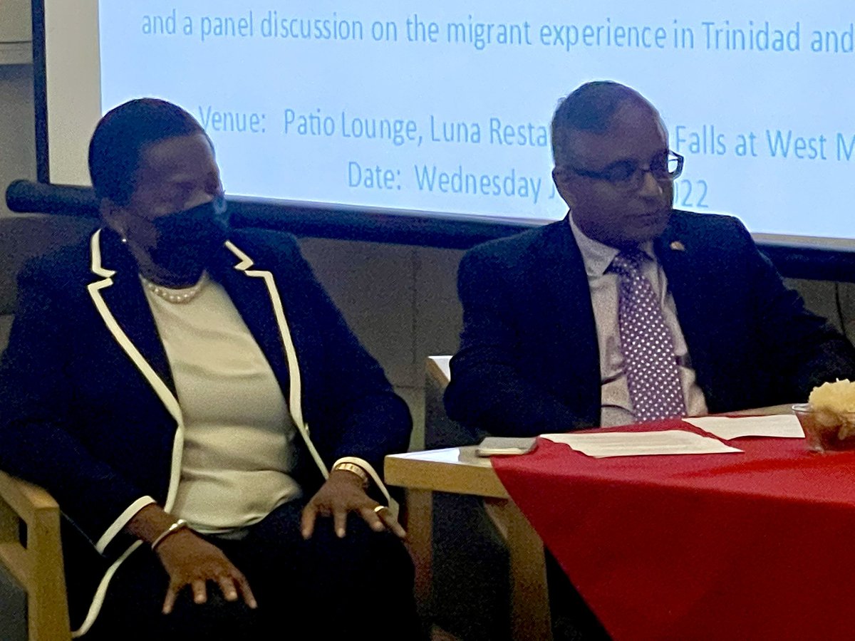 The Honourable @pennybeckles, Minister of Planning and Development and MP for Arima, home of the #SantaRosaFirstPeoplesCommunity, and HE @KumarGupta listen to the proceedings during the panel discussion about the #migrant experience in T&T