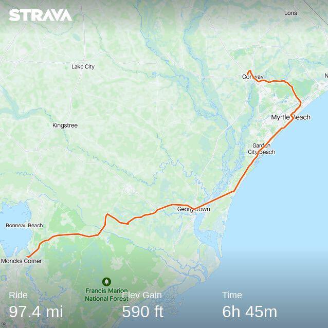 ⁦@CarolinaBhood⁩ Day 3, app dropped out for about 10 miles between Parley’s Island and Georgetown, should’ve been around 107 miles. 
#CBH22
#JustKeepPedaling

strava.app.link/iR8hTR5Z4qb