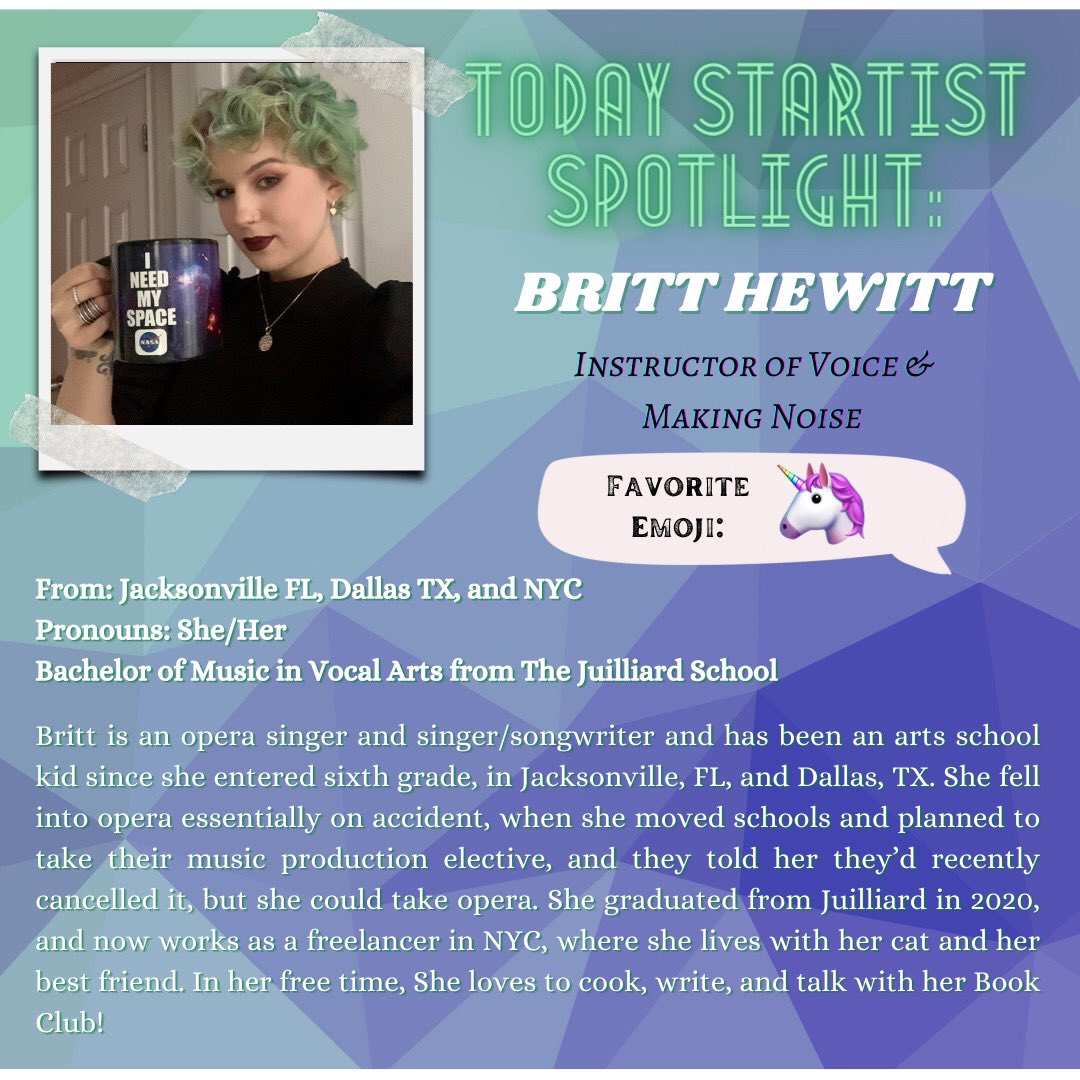 stARTOsceola's tweet photo. We’re taking a moment to shine a spotlight on our brilliantly talented Instructor of Voice &amp; Making Noise: Britt Hewitt!! 🎤📖🦄 https://t.co/cvHBYnVsF5