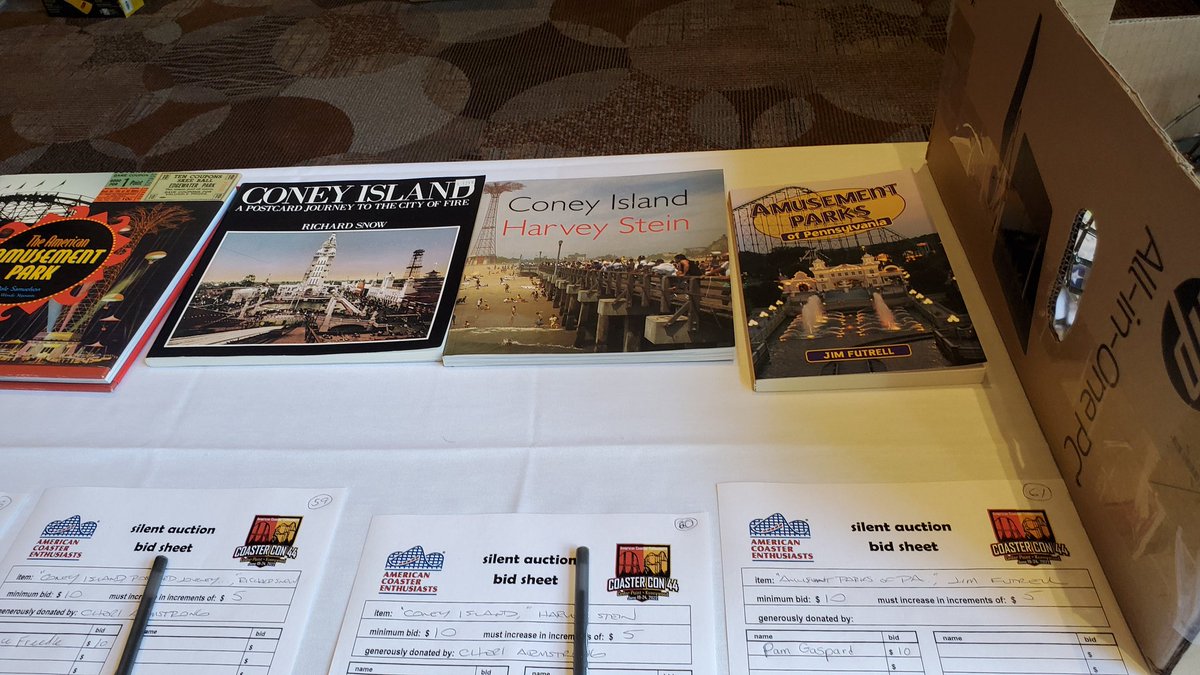 aceonlineorg's tweet photo. The final auction items (supporting our Preservation efforts) at the #CoasterCon 44 Banquet.  #RideWithACE #RollerCoasterMonth #PreservationCounts https://t.co/oKB0061DPD