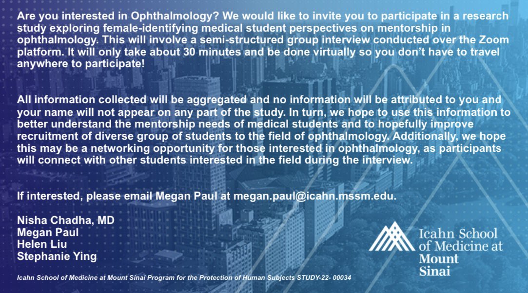 Are you a #medicalstudent interested in #ophthalmology? 👀

Passionate about #WomenInMedicine? 🩺🥼

Consider participating in our #study on #mentorship! ⤵️

<a href="/MPaul_MdStudent/">Megan Paul, MD</a> @_HelenLiu_