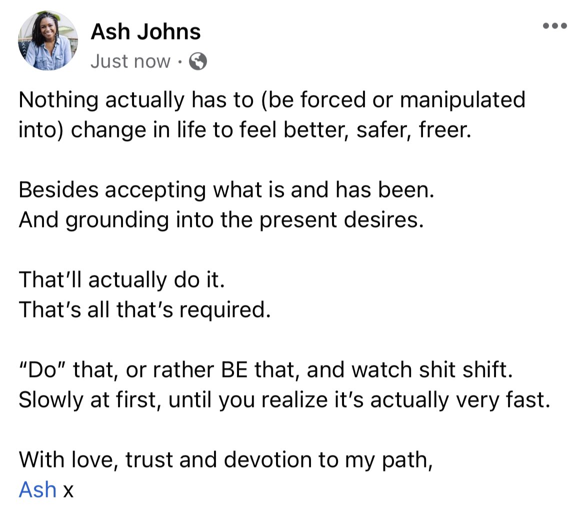 heyashinspires's tweet photo. The alchemy:

Accept what is and has been.
Then root into what is presently desired. That’s it. That’s all. Shit will shift. Watch what I say. #ashinspires https://t.co/HYK4KzpFHJ