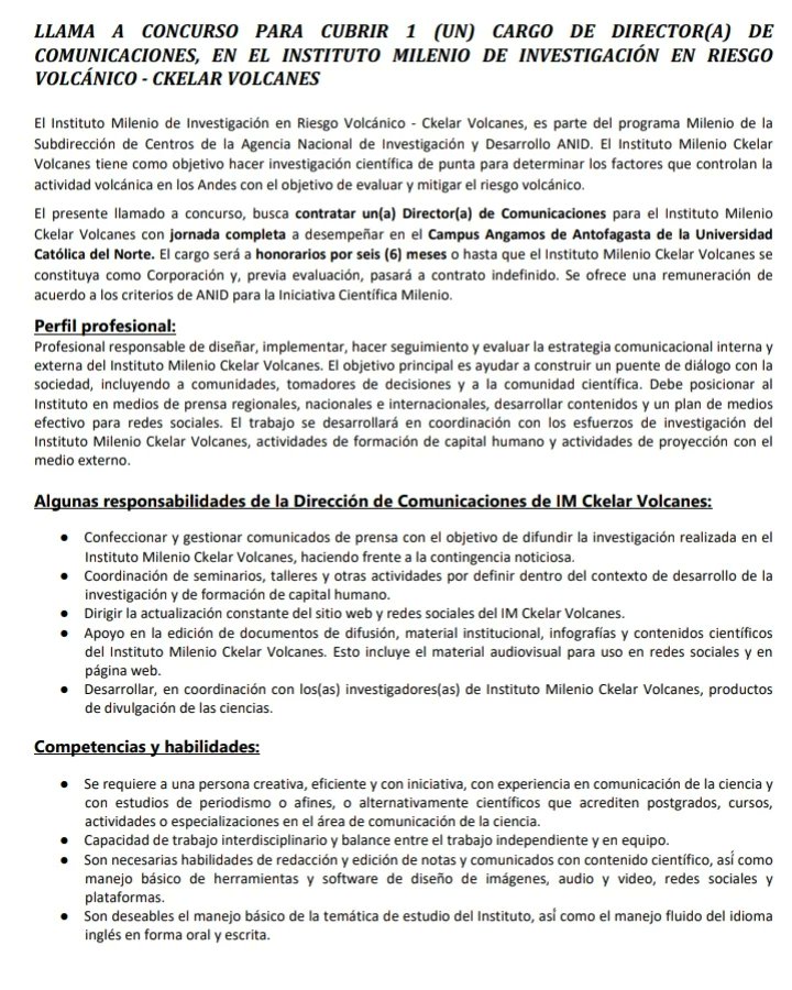 ckelarvolcanes's tweet photo. #HayPega: Concurso para un cargo de Director(a) de Comunicaciones en el Instituto Milenio de Investigación en Riesgo Volcánico - Ckelar Volcanes
#AnidInforma #ANID #CentrosANID #Empleo #Antofagasta https://t.co/HNDMAqHma6