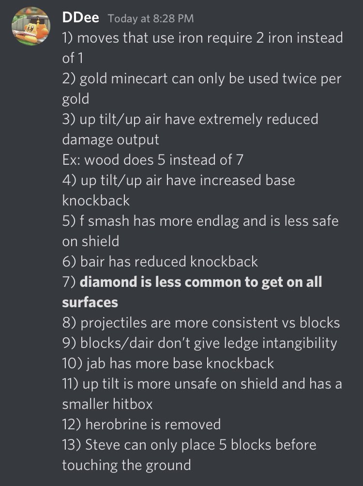 ddee_ssbu's tweet image. Ways to nerf Steve 

The goal is to tone him down while still making Steve a fun and viable character 

Any suggestions are appreciated