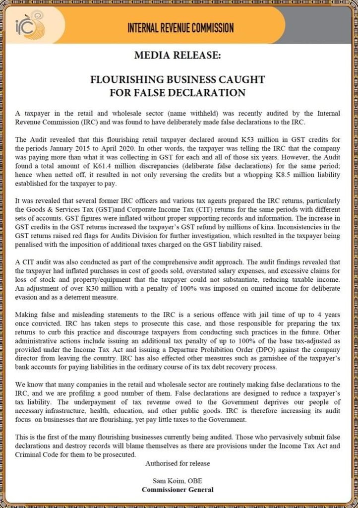 actnowpng's tweet photo. CONGRATULATIONS INTERNAL REVENUE COMMISSION.
ActNow offers its congratulations on a job well done.
@IRC_PNG and @Sam_Koim
PNG still awaits the audit reports for the logging companies as promised last year.
#Extractiontoinclusion https://t.co/9DBI4flaYe