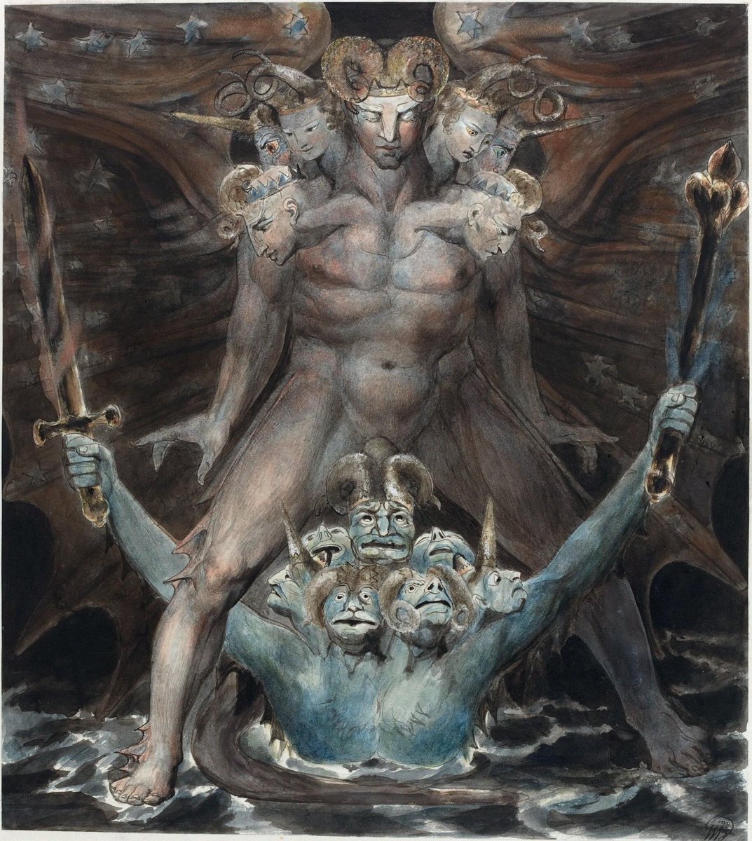The Great Red Dragon and the Beast from the Sea.
(El gran dragón y la bestia del mar).
Serie del Gran Dragón Rojo: 3
William Blake (1805).
40,1 x 35,6 cms.
National Gallery of Art, Washington D.C.
