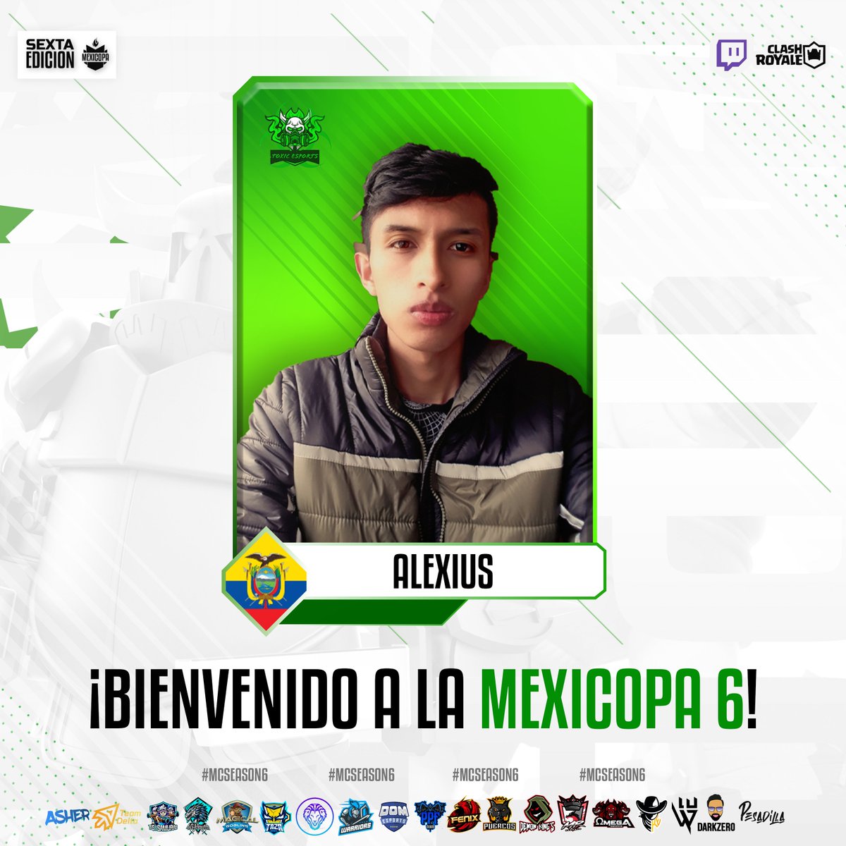 📌Presentación #81
#ClashRoyale #Mexicopa #gaming  

Equipo:
🇨🇱 <a href="/ToxSports_/">Toxic eSports</a> 
Jugador:
🇪🇨 <a href="/Alexius_416/">Alexius</a> 

Alexius es un Jugador que maneja Perfil discreto pero atraviesa un Buen momento, viene por 1ra vez a la competencia y busca ser la revelación del torneo

🤝Éxito!