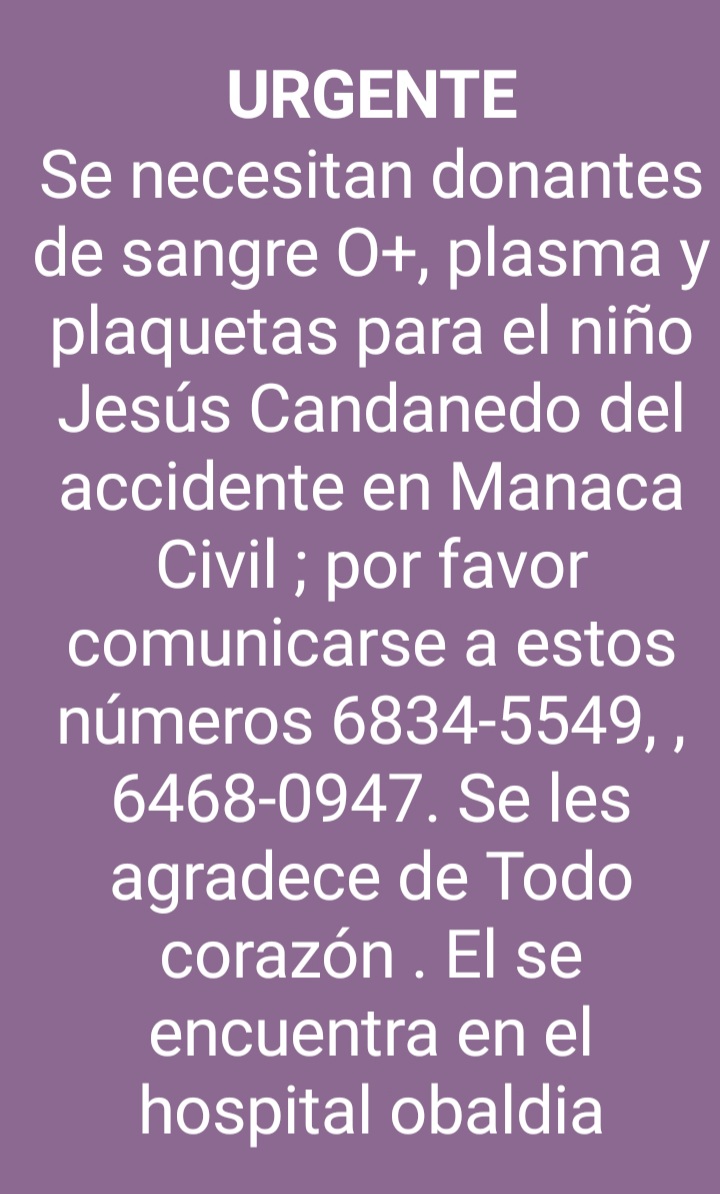 Se solicita ayuda para un menor que sufrió un accidente en Manaca Barú