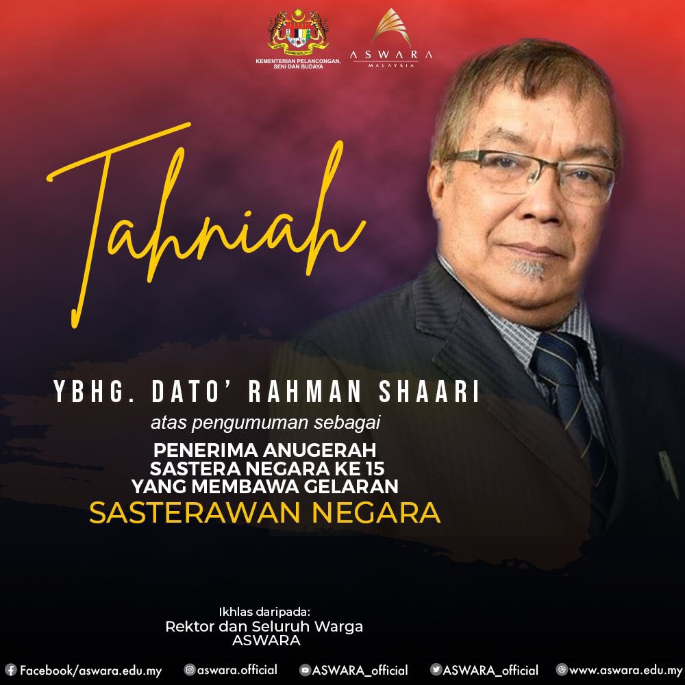 UCAPAN TAHNIAH

Setinggi-tinggi tahniah diucapkan buat YBhg. Dato' Rahman Shaari  atas pengumuman sebagai Penerima Anugerah Sastera Negara Ke 15 yang membawa gelaran SASTERAWAN NEGARA

Ikhlas daripada
Rektor dan Seluruh Warga ASWARA

#melangkahbersamatradisi 
#sasterawannegara