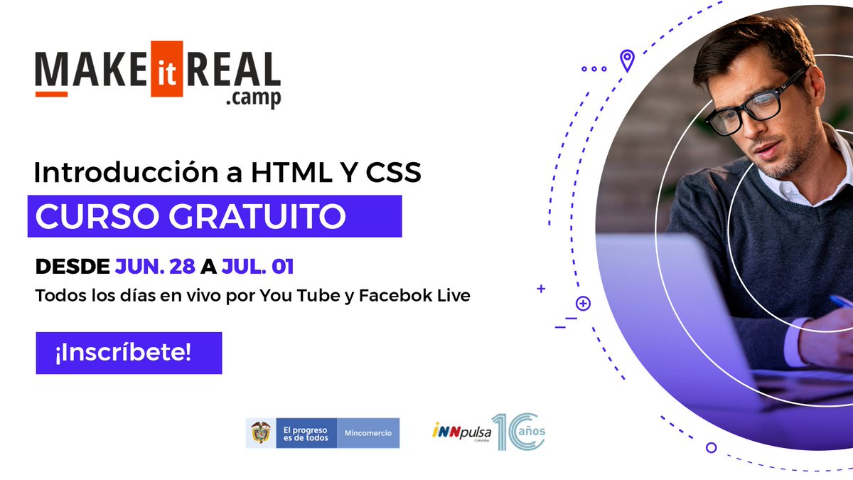 MincomercioCo's tweet photo. Los invitamos junto a @InnpulsaCol y @makeitrealcamp a inscribirte en este #CursoGratuito! Aprende a #codificar la estructura y los estilos de interfaces de #aplicaciones y #PáginasWeb. ¡No te pierdas esta oportunidad! https://t.co/CPFkt5kgVS https://t.co/OoWvWVSpxx