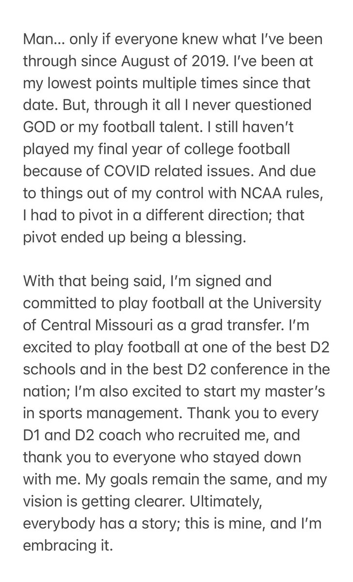 Kevin "KJ" Walker (@kjwalk9) on Twitter photo NCAA rules made me pivot, but I’m more than happy with my decision. I’m signed and committed to play football as a grad transfer at the University of Central Missouri. UCM is a special place. Thank you <a href="/joshlamberson/">Coach Lambo</a> and <a href="/coach_rcampbell/">BJ Campbell</a>. <a href="/jumpballgeorgey/">George McCorley</a> let’s get it 🏈❗️ NCAA rules made me pivot, but I’m more than happy with my decision. I’m signed and committed to play football as a grad transfer at the University of Central Missouri. UCM is a special place. Thank you <a href="/joshlamberson/">Coach Lambo</a> and <a href="/coach_rcampbell/">BJ Campbell</a>. <a href="/jumpballgeorgey/">George McCorley</a> let’s get it 🏈❗️