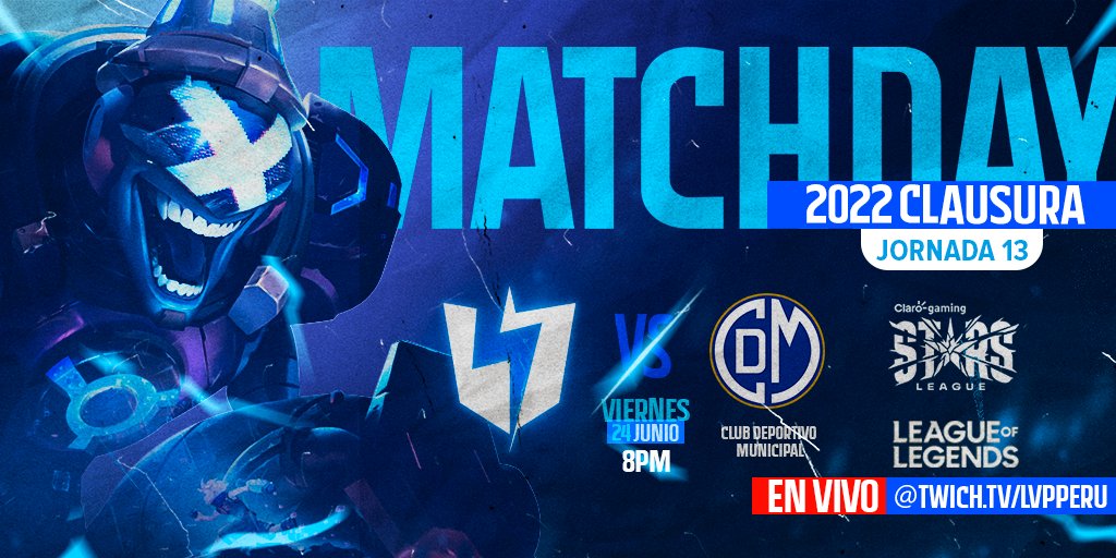 Estamos en vivo!!⚡️
🆚 Club Deportivo Municipal
⚡ 8PM⚡
🟪👾 twitch.tv/lvpperu
🟥🎥 youtube.com/c/LVPlas/
🟩🐉 trovo.live/LVPperu
#GoINS⚡
#ClaroGamingStarsLeague 2022 🏆⭐️
 #lol