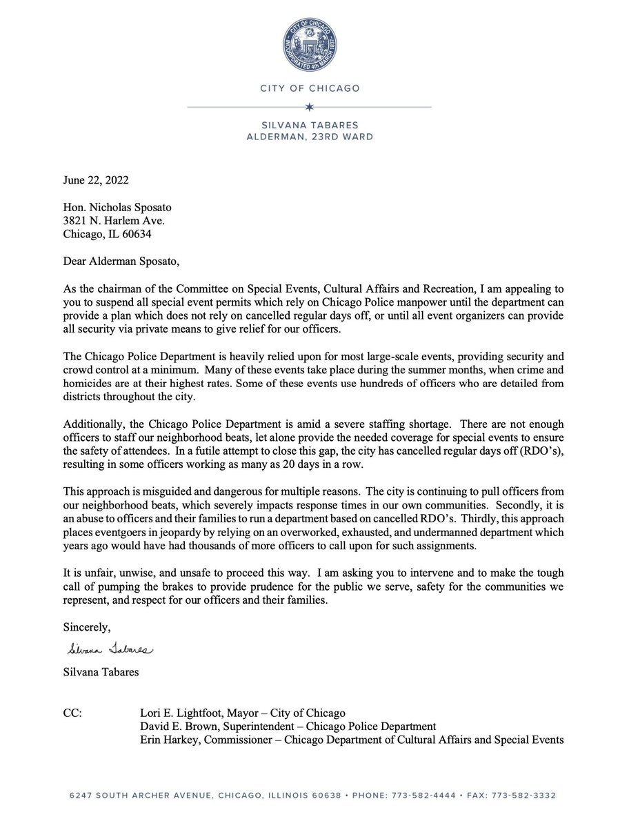 The City should SUSPEND all event permits that rely on CPD staffing and force organizers to pay for 100% private security.  Cancelled RDO’s should be reserved for public EMERGENCIES, not music festivals &amp; street parades.  #GiveThemABreak