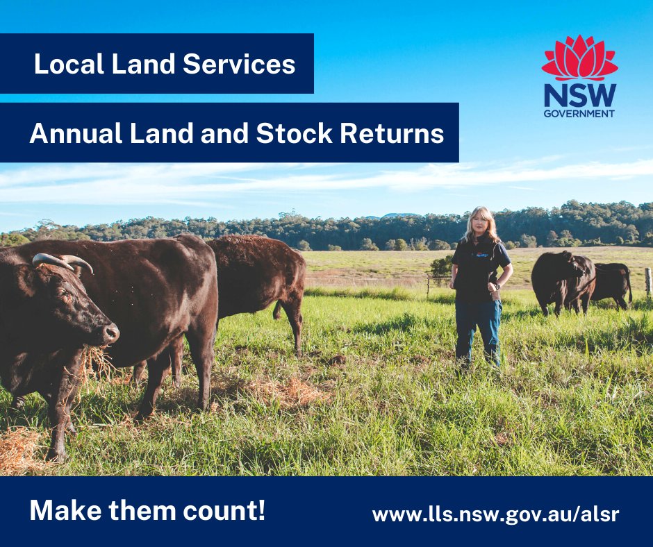 Keep an eye on your mailbox! 📬  

It's that time of year again, your Annual Land and Stock Return (ALSR) is on its way. The ALSR is a 'farm census' that allows us to get a good picture of land use and livestock numbers across the state.  

lls.nsw.gov.au/alsr
