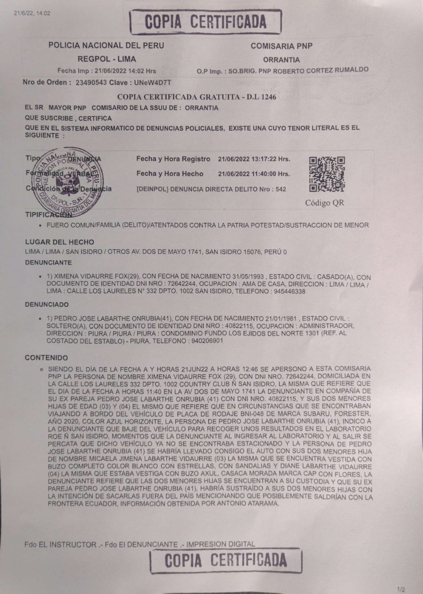El 22 de junio con engaños Pedro José Labarte Onrubia se llevó a sus hijas de 3 y 4 años sin permiso de la madre, que tiene la custodia. Ximena Vidaurre Fox teme que se las lleve fuera del país. Atención <a href="/PoliciaPeru/">Policía Nacional del Perú</a> <a href="/MininterPeru/">Ministerio del Interior 🇵🇪</a> <a href="/MigracionesPe/">Migraciones Perú</a> <a href="/FiscaliaPeru/">Ministerio Público</a> cc <a href="/Senmache/">Dimitri Senmache A.</a>