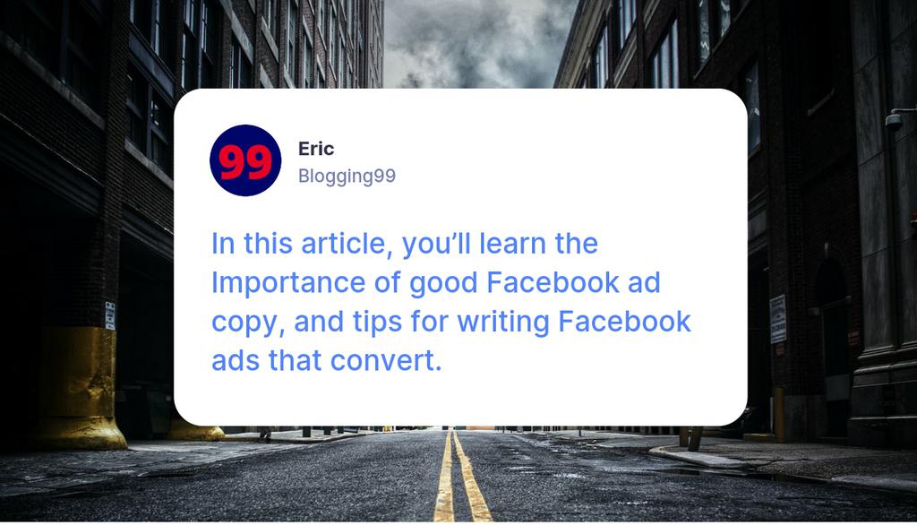 blogging_99's tweet image. How to Write Facebook Ad Copy That Converts Like Crazy in 1 click
▸ lttr.ai/ygiI

#SmallBusinessOwners #CreateAds #ContentCreation #LongFormBlogPosts #BlogPostIntroduction #BlogPostConclusion #AverageConversionRate #MoneyWritingClever #GrabPeopleSAttention